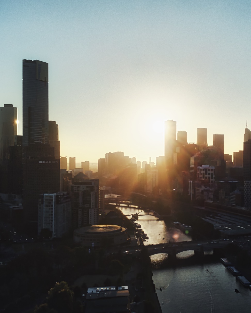 Melbourne skyline, aerial, drone, sunset, yarra river